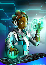 A black femme person using a keyboard and high tech tools and interfaces