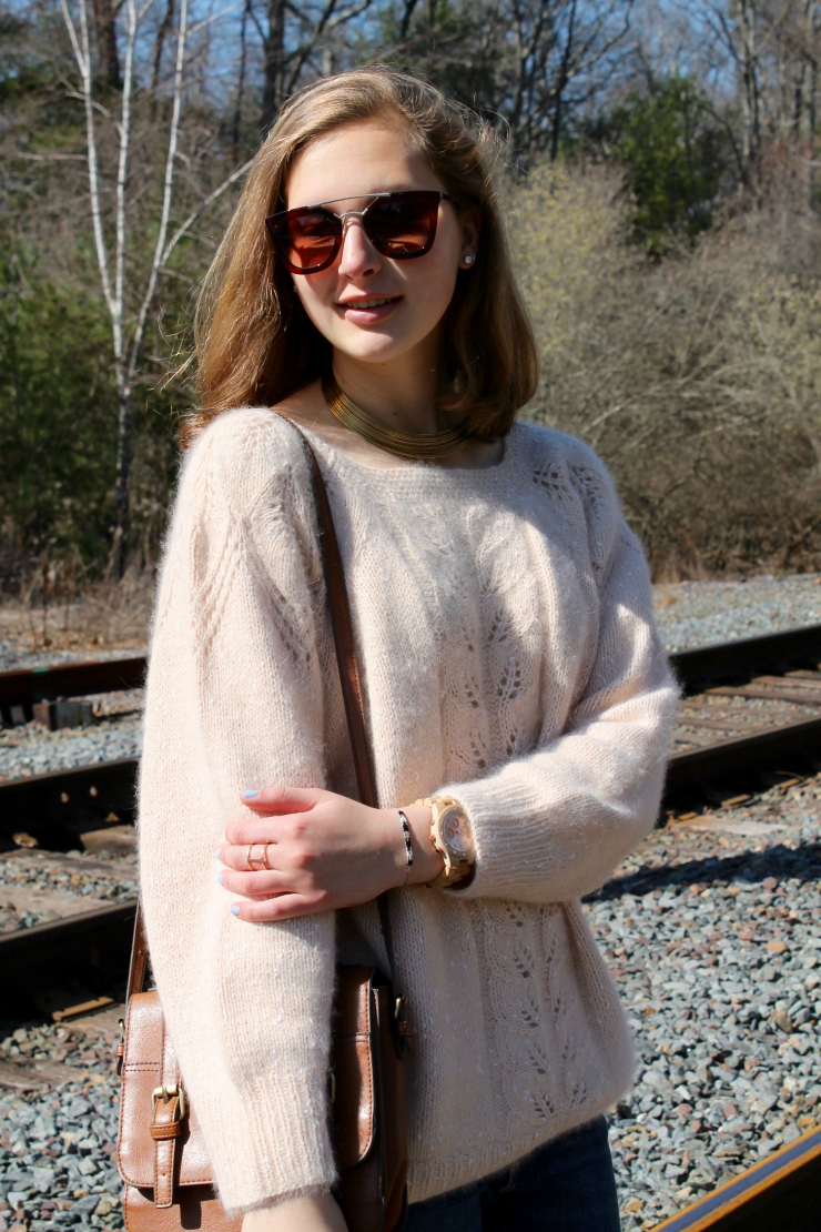 Gold jewelry, Firmoo brown sunglasses, creme colored cashmere sweater and jeans