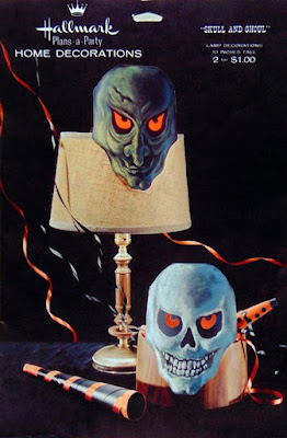 Skull and ghoul light-up paper faces for household lamps are shown here on the front envelope of this Hallmark package for a vintage collectible blog guide by The Halloween Retrospect