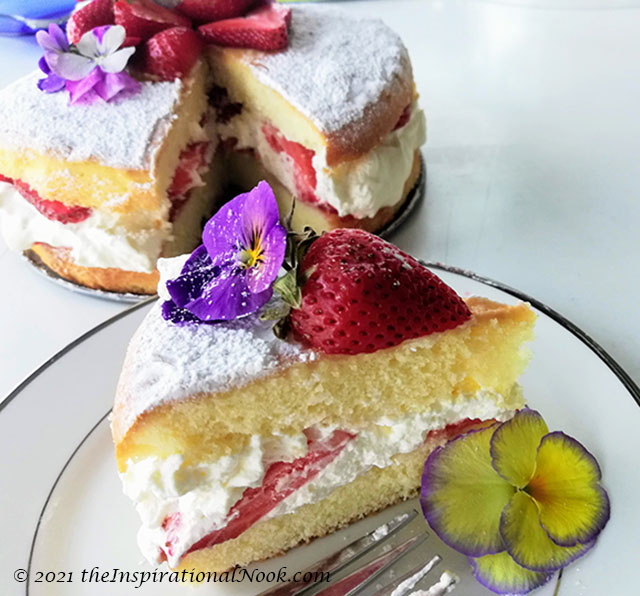 Victoria Sponge, Strawberry Victoria Jam Sandwich,  Victoria Sandwich cake, Eliza Dolittle cake, pansies, strawberries, cream, Mother's Day, easy, tea cake,