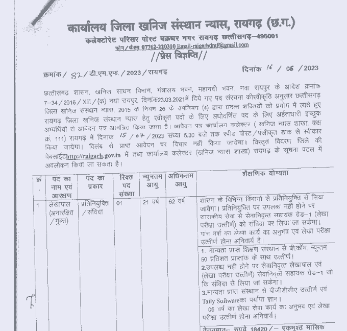 RAIGARH KHANIJ VIBHAG BHARTI 2023 | रायगढ़ खनिज विभाग में लेखापाल और सहायक ग्रेड तीन पदों की संविदा वेकेंसी