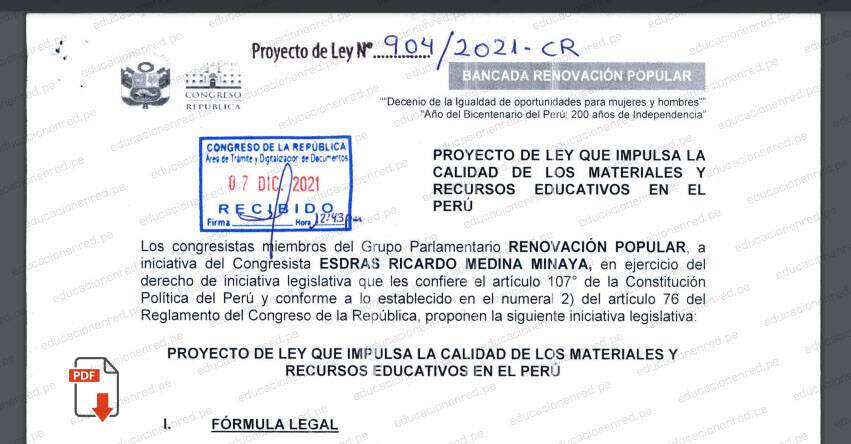 PROYECTO DE LEY N° 00904/2021-CR.- Ley que impulsa la calidad de los materias y recursos educativos en el Perú (.PDF) www.congreso.gob.pe