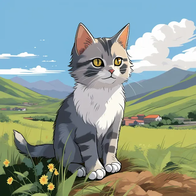 Gato Dibujo: polydactil cat en un campo rural