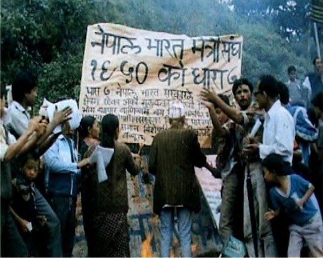Gorkhalis burning Indo-Nepal Friendship Treaty in 1986 which lead to the Kalimpong Massacre, thus leading to violence in the hills in which over 1200 Gorkhas were killed