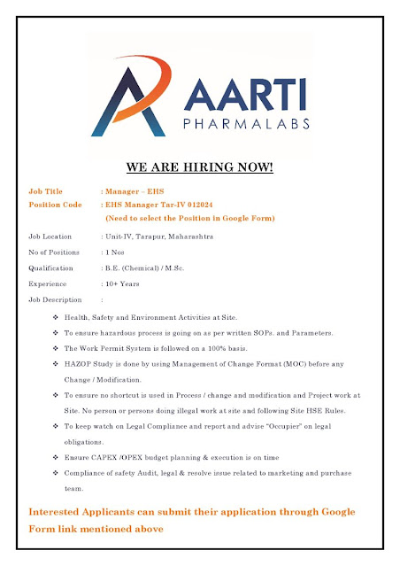 Aarti Pharmalab Hiring For B E Chemical/ MSc/ MSc Analytical - EHS & ADL Department