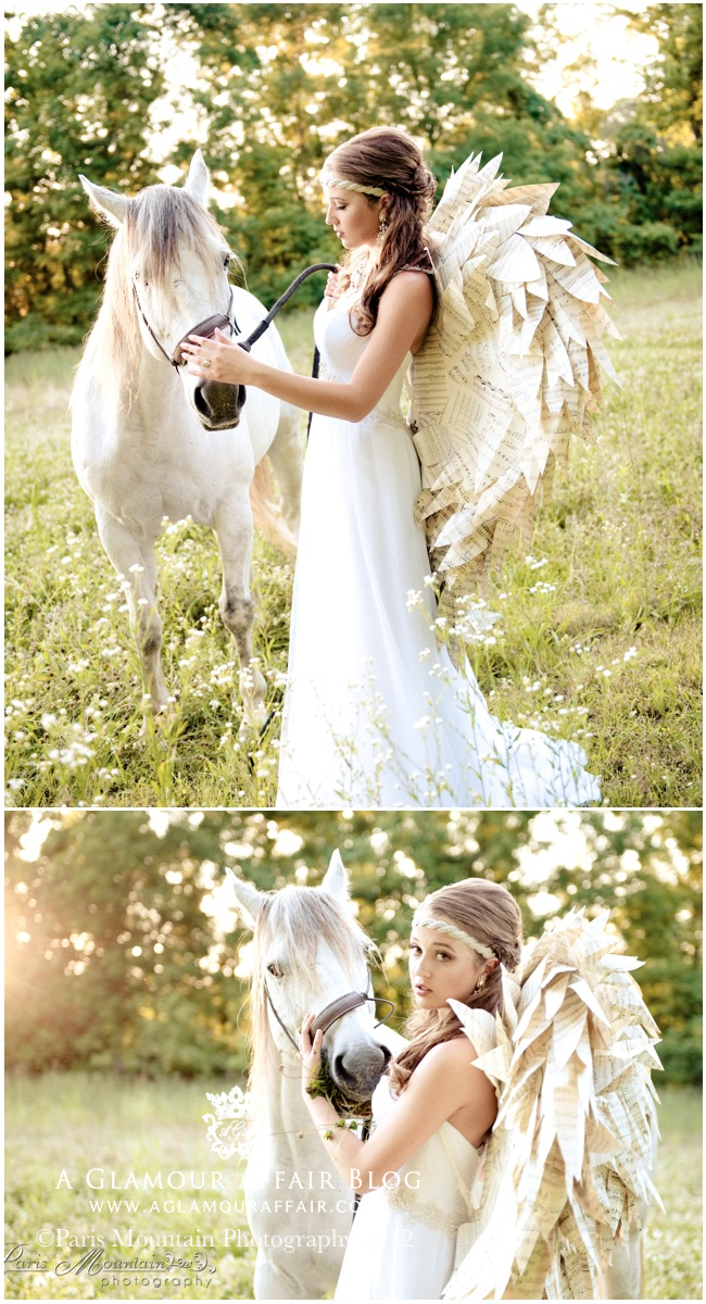 bridal vintage styled photo shoot with gypsy style and paper angel wings and white horse