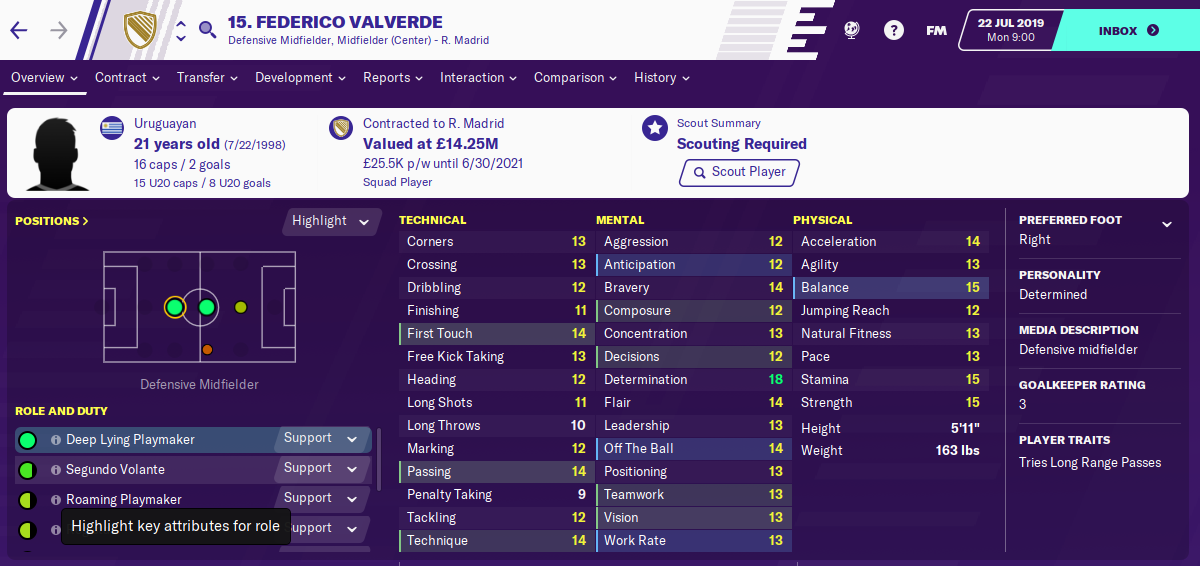 Federico Valverde: Starting Attributes in FM2020