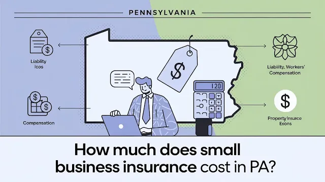 Image showing a Pennsylvania map, a small business owner calculating costs, and icons representing different insurance types with price tags, with the text 'How Much Does Small Business Insurance Cost in PA?