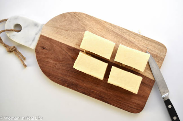 How to cut tofu into triangles.