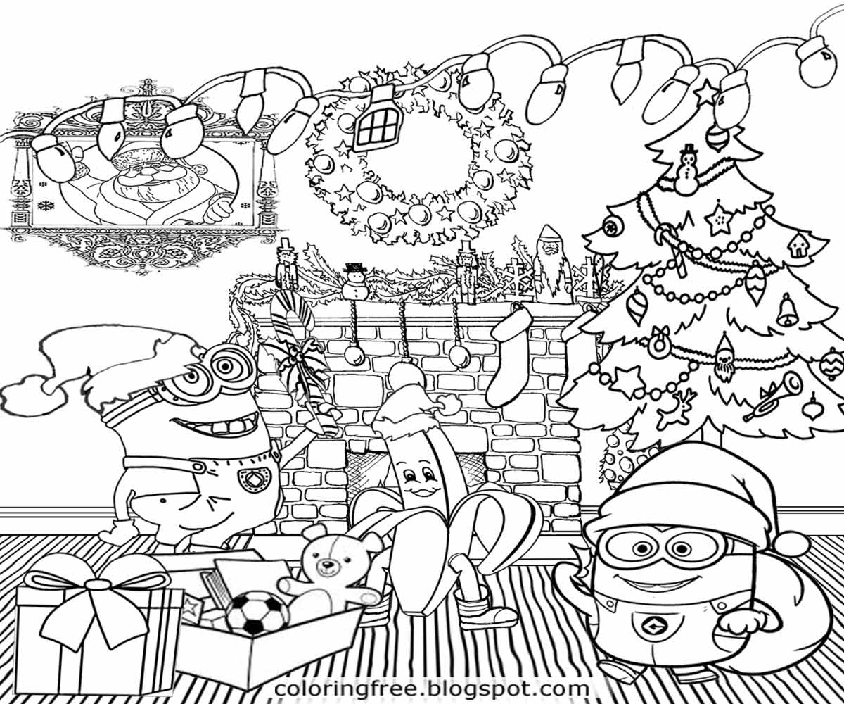 Easy art funny minions party time lovely tree happy Christmas minion coloring pages for young adults