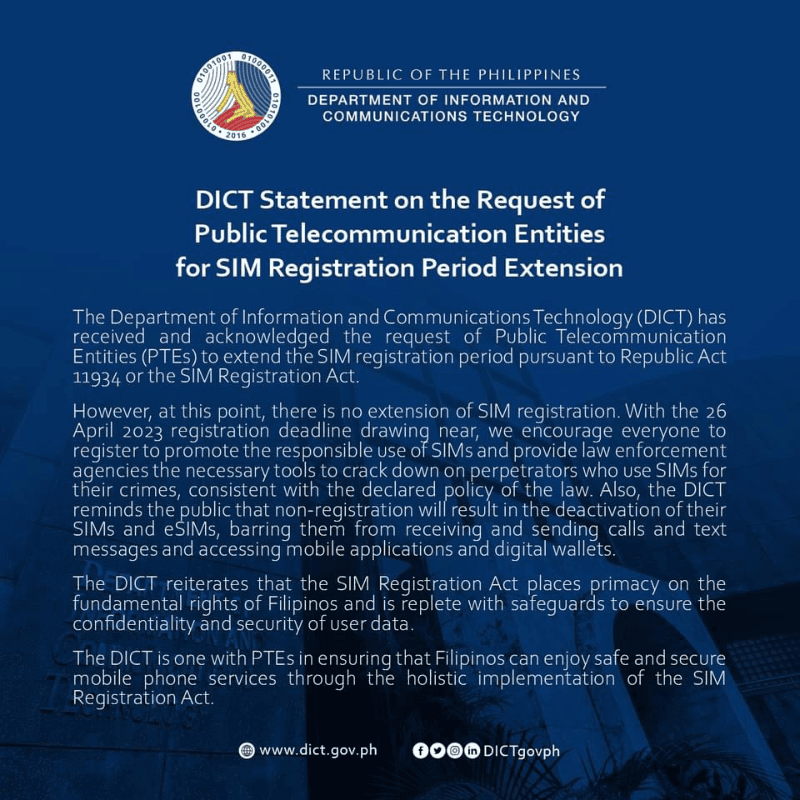 DICT statement on Request of Public Telecommunication Entities for SIM Registration Period Extension