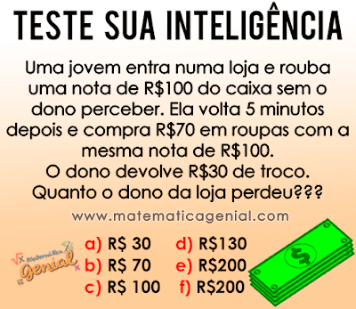 Desafio: Uma jovem entra numa loja e rouba uma nota de R$ 100,00 sem o dono perceber