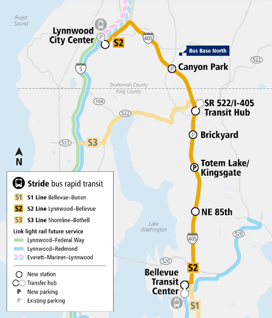 Map of future Stride BRT Line from Lynnwood to Bellevue