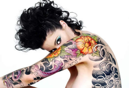Floral Tattoo on Back and Arm Sleeves of Sexy Girl