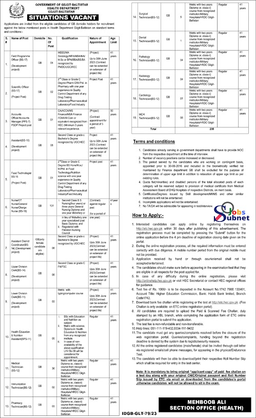 Gilgit Baltistan Health Department Jobs 2023