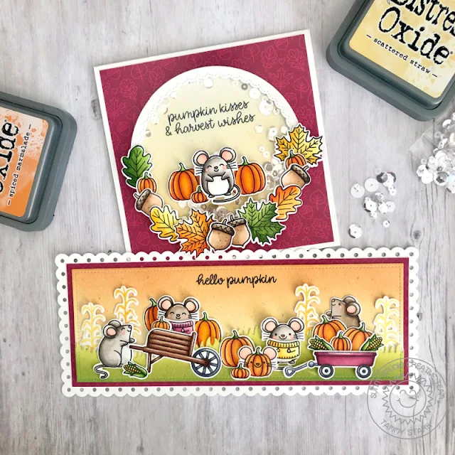 Sunny Studio Stamps: Harvest Mice Bountiful Autumn Slimline Dies Fancy Frame Dies Fall Themed Cards by Tammy Stark