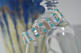 silver iridescent biwa bar pearl and blue turquoise agate cuff bracelet handmade