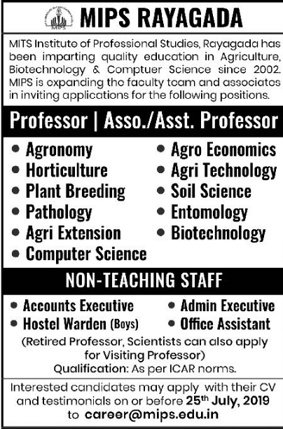 MIPS Rayagada Faculty Jobs 2019 in Biotech/Agricultural Sciences 