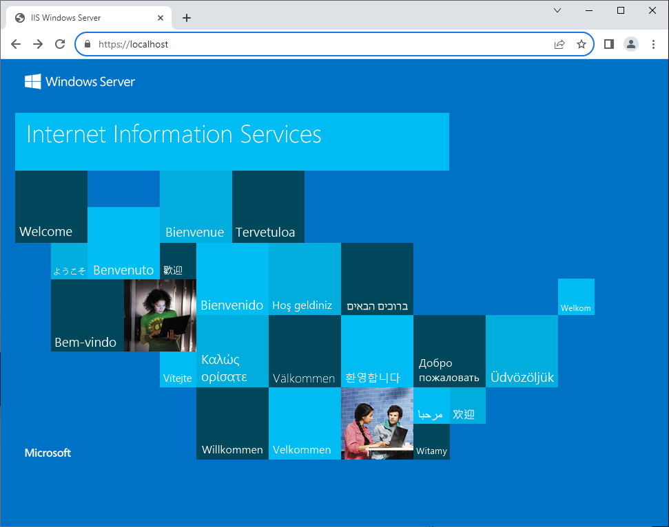 Screenshot of IIS web site root page over HTTPS without a certificate error