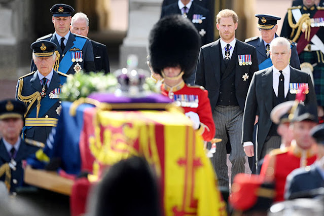 King Charles, William and Harry reunited in grief to escort queen’s coffin