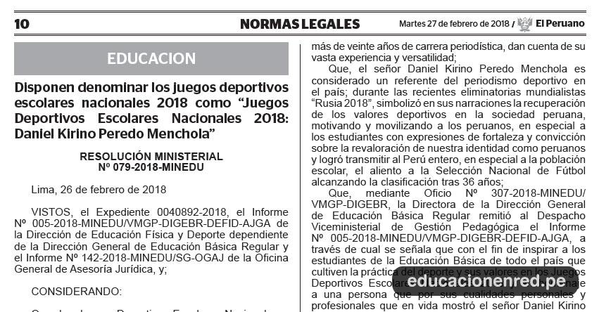 R. M. Nº 079-2018-MINEDU - Disponen denominar los juegos deportivos escolares nacionales 2018 como «Juegos Deportivos Escolares Nacionales 2018: Daniel Kirino Peredo Menchola» www.minedu.gob.pe