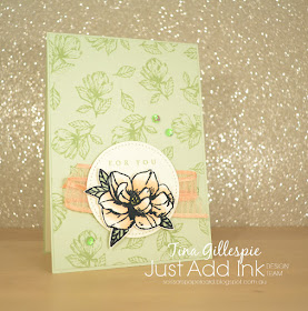 scissorspapercard, Stampin' Up!, Just Add Ink, Magnolia Blooms, Hugs From Shelli, Subtle EF, Stampin' Blends, Faux Fabric Technique