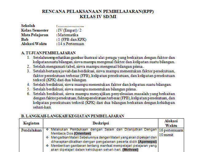 Rpp 1 Lembar Mtk Kelas 4 5 Dan 6 Sd Mi Antapedia Com