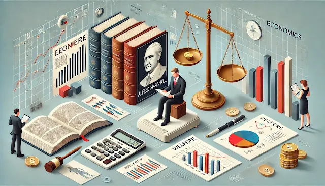 "Ilustrasi desain isometrik yang menampilkan Alfred Marshall, grafik ekonomi, dan timbangan keseimbangan yang melambangkan kesejahteraan, cocok untuk postingan blog tentang teori ekonomi