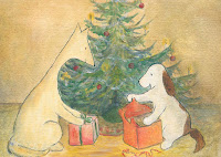 Postcard illustration of Hulmu Hukka and Haukku Spaniel opening Christmas presents at front of a Christmas tree