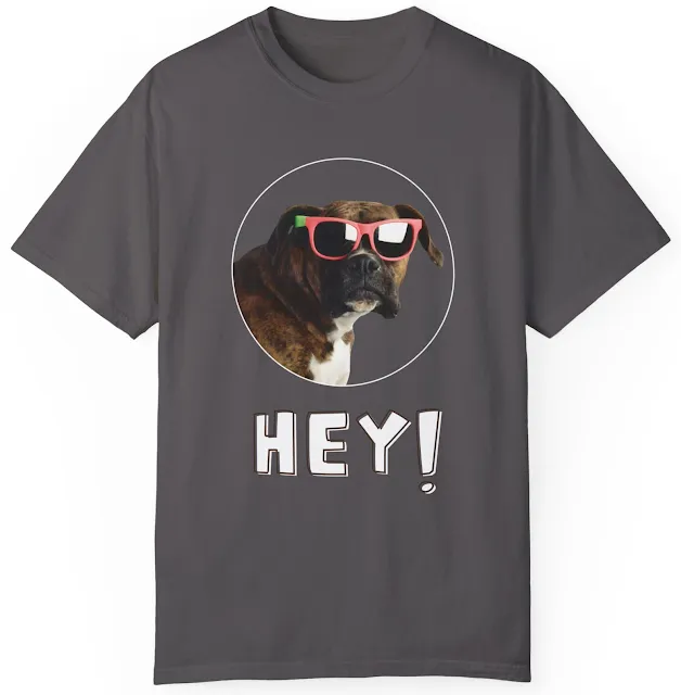 T-Shirt With Boxer Dog Wearing Pink Glasses and Caption Hey!!