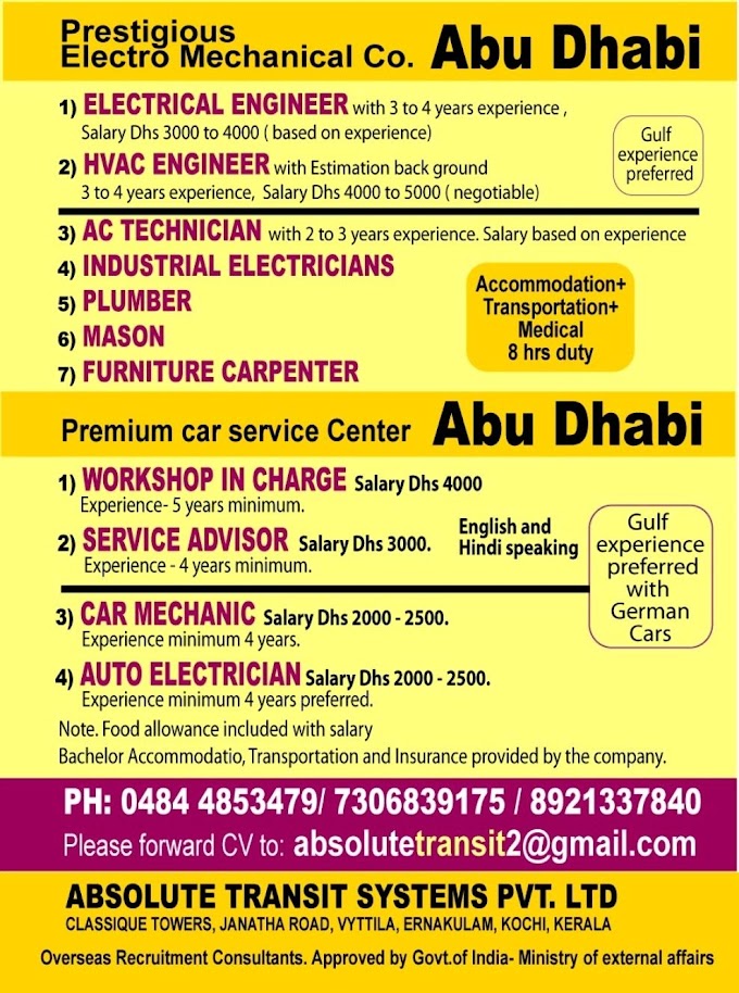 Multiple job vacancies in Abu Dhabi: Hiring by Absolute Transit Systems Pvt LTD