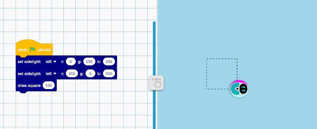 TTS Loti bot app with blocks to turn on the side LED lights and draw a square.