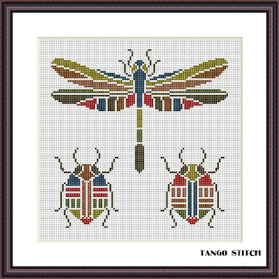 Stained glass terracotta dragonfly cross stitch cute insects embroidery - Tango Stitch