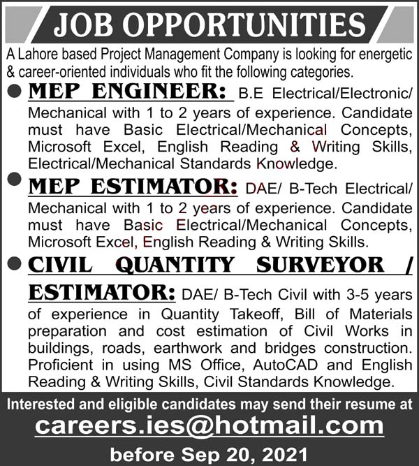 Lahore Based Project Management Company Today Latest  Jobs 2021 for Engineer, Estimator & Surveyor