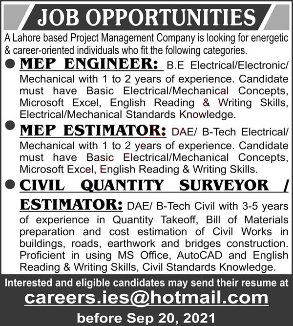  Lahore Based Project Management Company Today Latest  Jobs 2021 for Engineer, Estimator & Surveyor