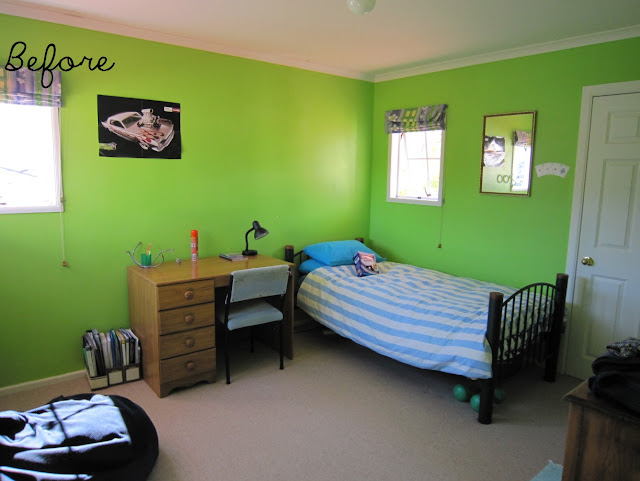 Tween bedroom before and after - fluro green to neutral by Amy MacLeod