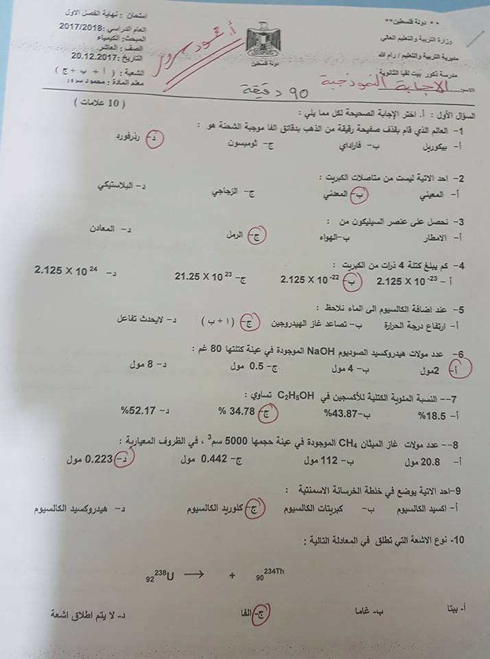 امتحان كيمياء نهاية الفصل الاول محلول للصف العاشر..للاستاذ احمد سرور