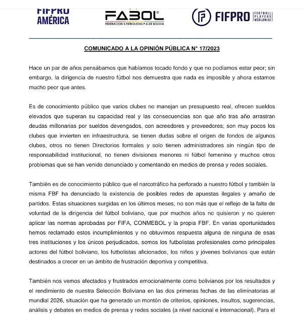 Comunicado de FABOL sobre la situación del futbol boliviano