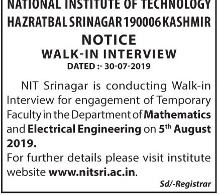 National Institute of Technology Hazratbal,Srinagar Walk in Interview Notice