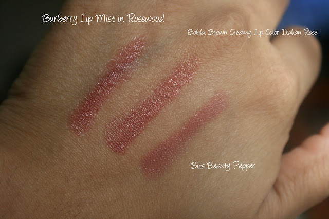 Burberry Rosewood Lip Mist Compared To Bobbi Brown Italian Rose and Bite Beauty pepper Swatches