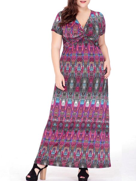 Deep V-Neck Tribal Printed Empire Plus Size Maxi Dress -Flash Sale (Extra 10% Off): US$31.46