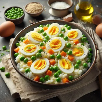 Auf dem Bild ist ein Teller mit Reis und Eierfrikassee. Die gekochten Eier liegen halbiert auf den Erbsen und gewürfelten Möhren.
