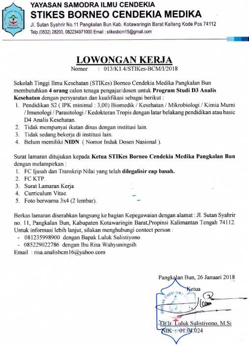 Lowongan Dosen Kesehatan Stikes Borneo Cendikia Medika 