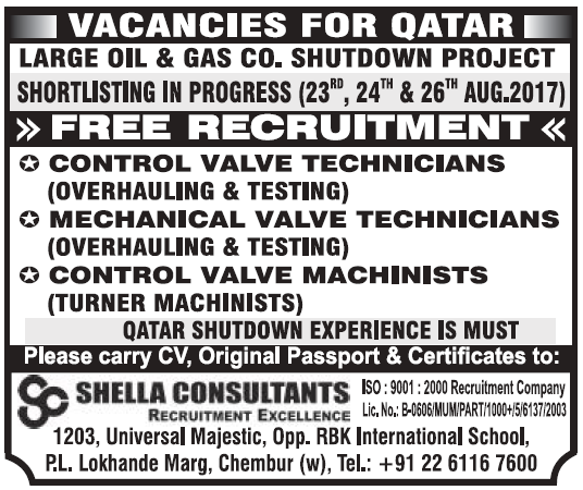 Oil & Gas co shut down job vacancies for Qatar - free recruitment