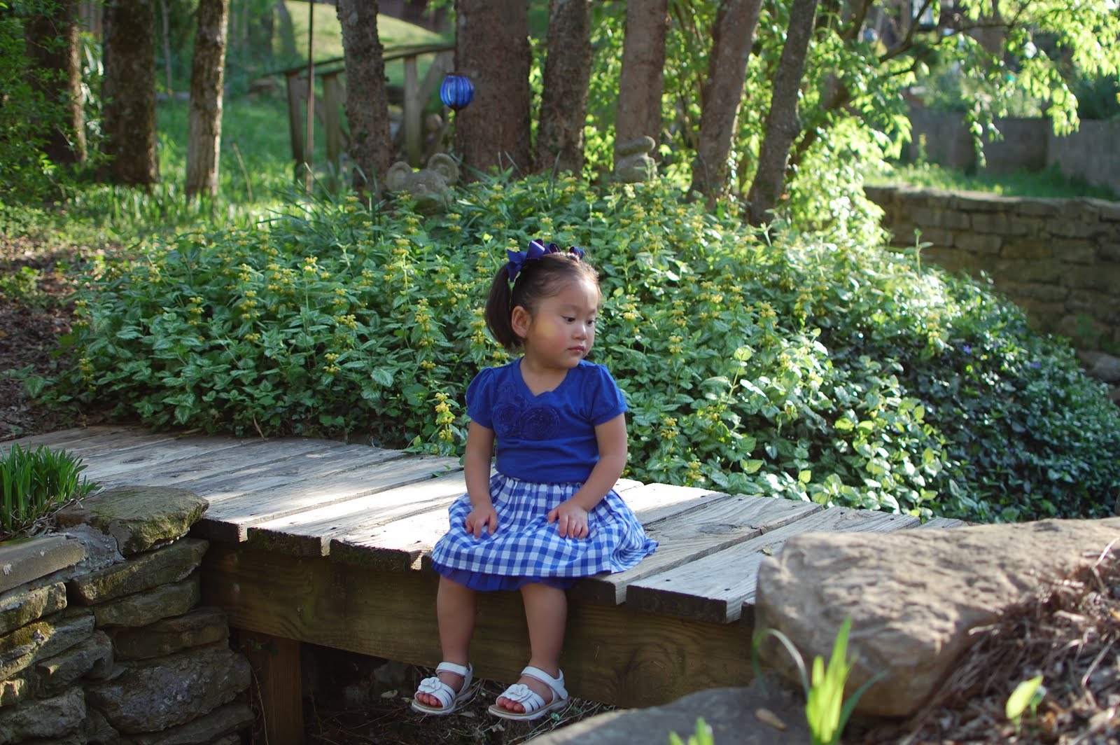 they have built three little bridges crossing over a creek in their backyard