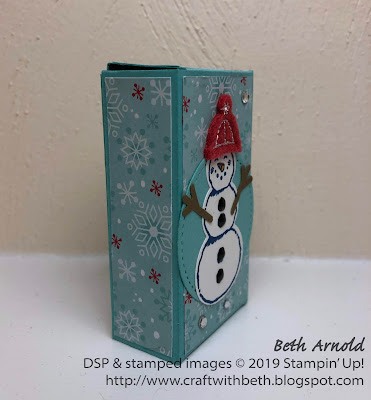 Craft with Beth: Stampin' Up! stamp Ghirardelli Chocolate treat box treat holder 3D Snowman Season Snowman Builder Punch Let It Snow Specialty Designer Series Paper DSP Let It Snow Embellishment Kit Sttched Shapes Framelits Dies winter gift packaging