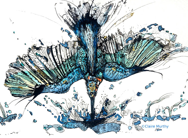 Kingfisher in Watercolour and Ink. Bird Painting.