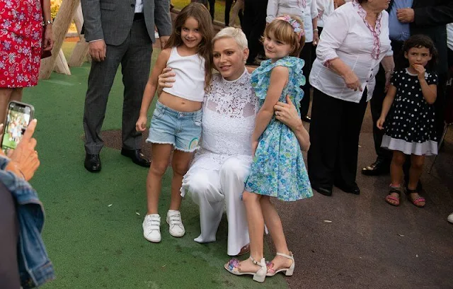 Princess Gabriella wore a liberty print dress by Jacadi, Prince Jacques wore a liberty print shirt by Jacadi. Akris lace tunic