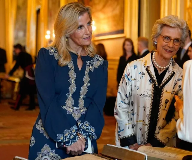 The Duchess of Edinburgh wore a new printed midi dress by Etro. The Duchess of Gloucester wore a printed jacket and black trousers