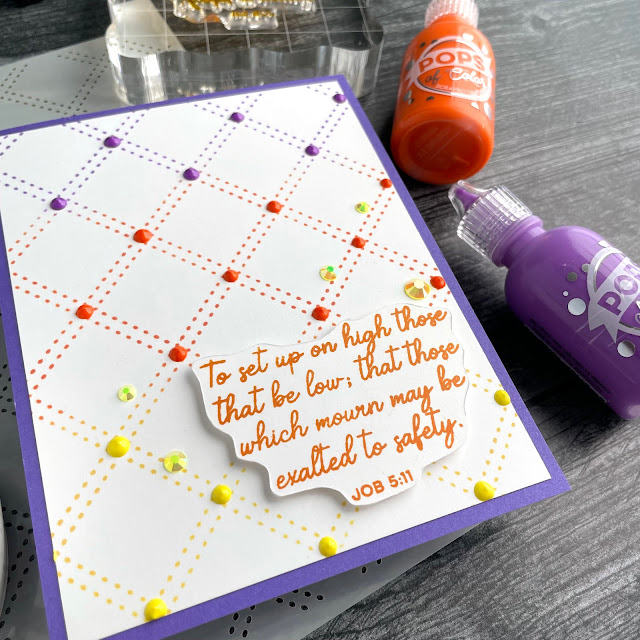 Easy sunrise sunset card created with: Scrapbook.com solar white card front, a2 rainbow smooth cardstock, pops of color in sunshine, deep orchid and orange squeeze, diamond stitched stencil, trusting verses stamp, dotted adhesive roller; Pinkfresh jewels sunshine yellow